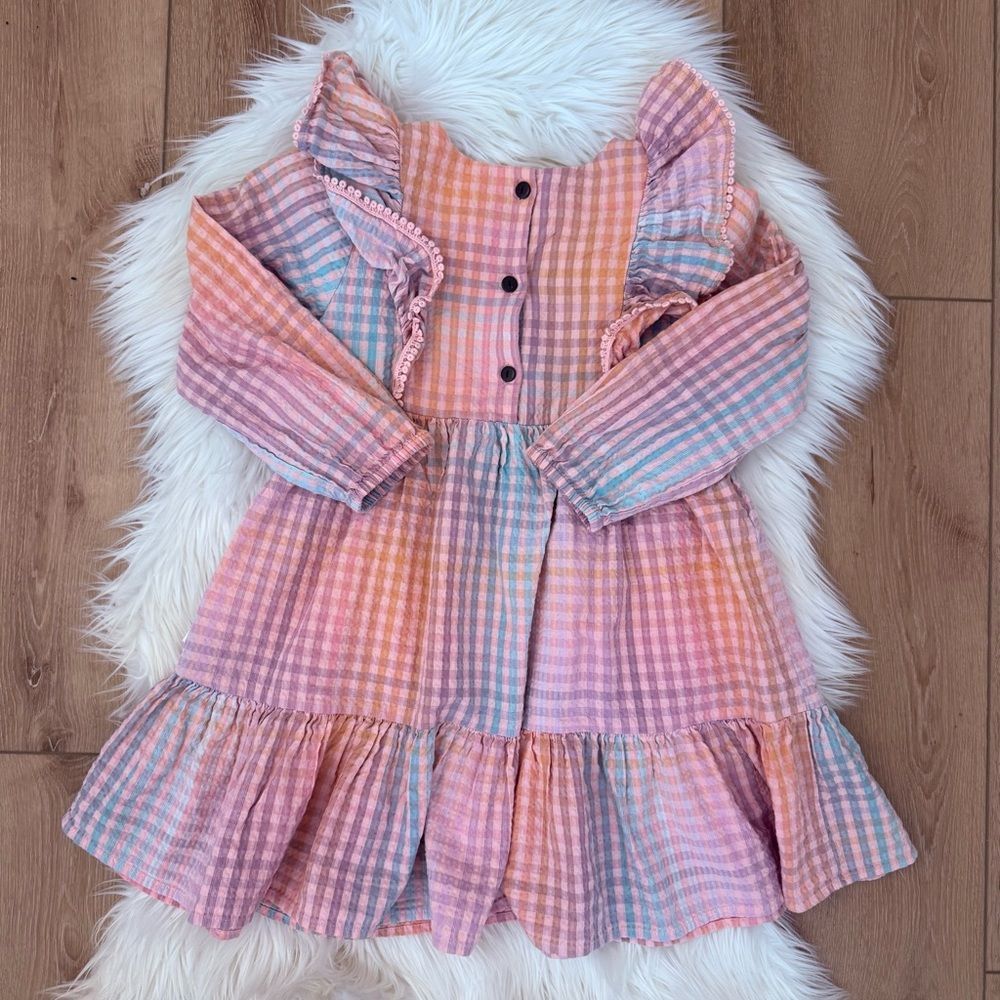 Huxbaby Pink Peach Blue Plaid Ruffle Long Sleeve Kids Dress - Size 7 — image 5 of 5